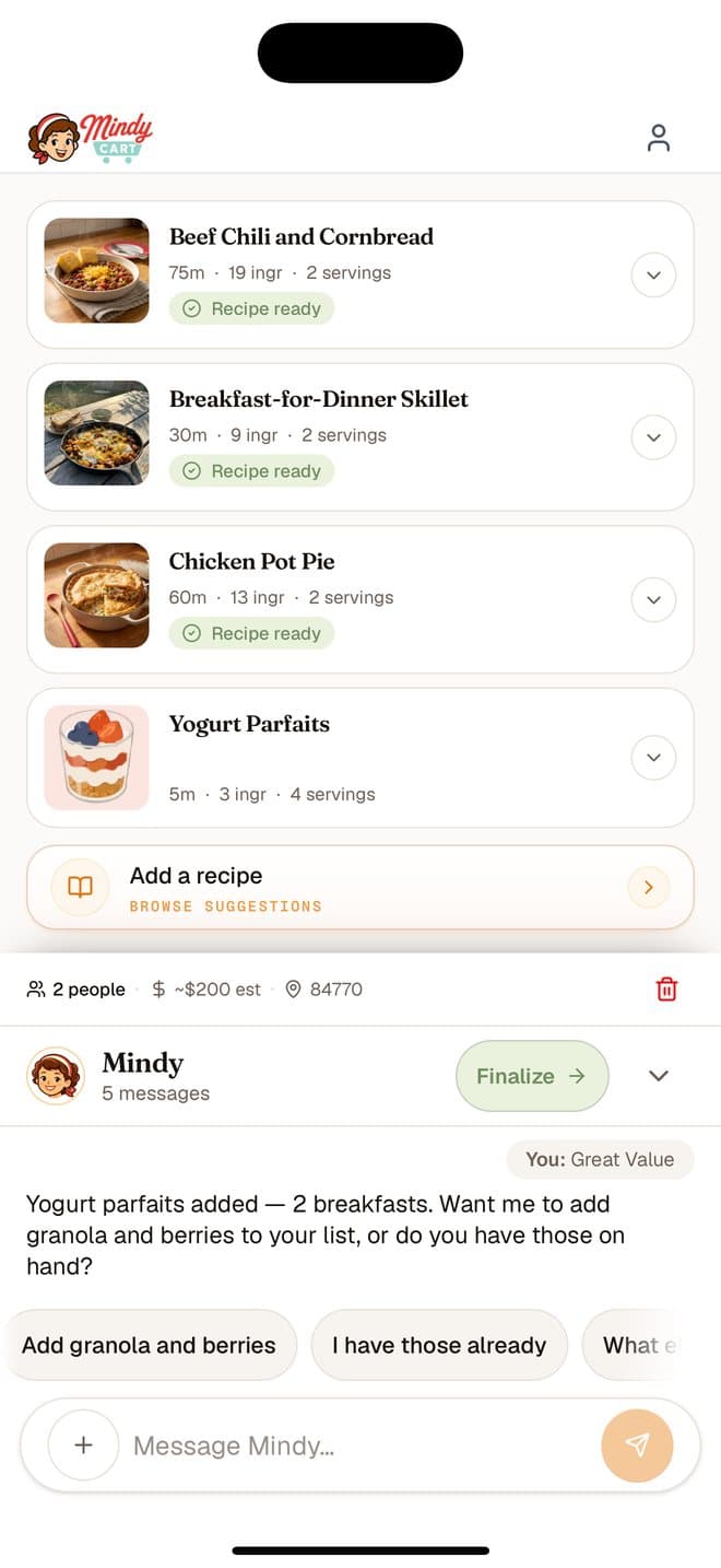 This week's meals in the MindyCart app: Beef Chili and Cornbread, Breakfast-for-Dinner Skillet, Chicken Pot Pie, and Yogurt Parfaits.
